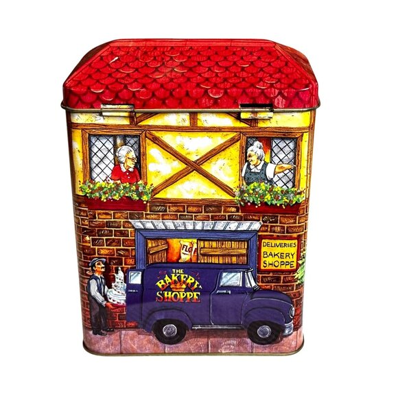 Vintage Bakery Shoppe Themed Square Tin Container Collectible With Hinged Lid - Picture 5 of 11